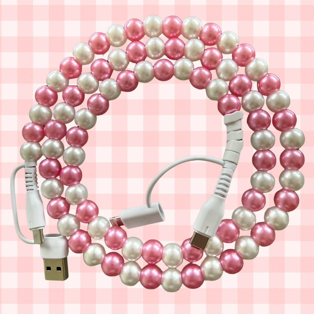 Pink & White Beaded Pearl 4-in-1 Beaded Fast Charging Cable
