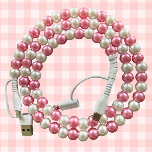 Pink & White Beaded Pearl 4-in-1 Beaded Fast Charging Cable