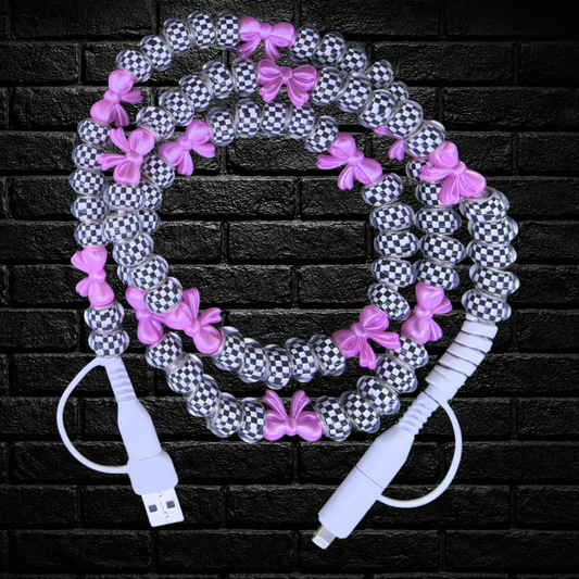 New! Checkered & Pink Bow Bead 4-in-1 Fast Charge Cable